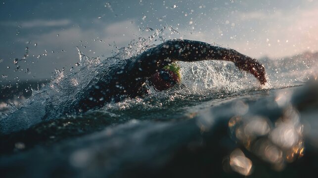 Professional swimmer performing freestyle stroke in open water splash