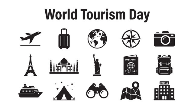 World Tourism Day icons, travel symbols, black vector graphics, tourism illustrations, icon set