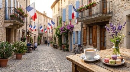 Fototapeta premium Charming French street café decorated with national flags for Bastille Day celebration. Coffee, macarons and lavender on a historic old town street. French National Day travel and holiday concept