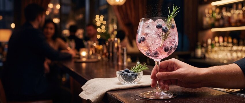 Pink Gin Tonic Cocktail with Blueberries and Rosemary