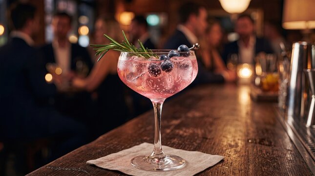 Pink Gin Tonic Cocktail with Blueberries and Rosemary