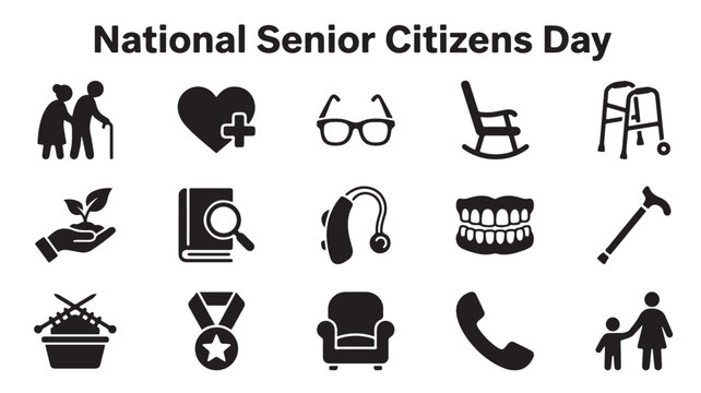National Senior Citizens Day icons, elderly care symbols, seniority signs, aging support graphics