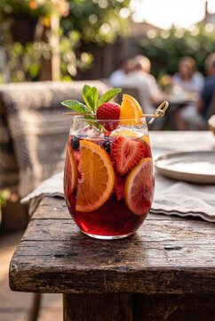 Fresh Sangria Cocktail with Fruit on Wooden Table