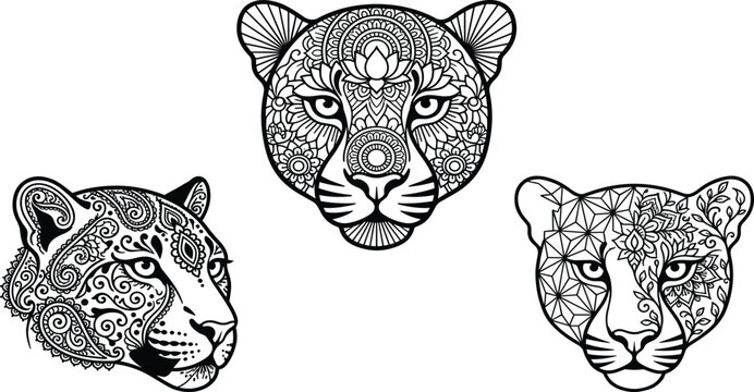 Ornamental Leopard Head Collection Featuring Mandala Paisley and Geometric Zentangle Big Cat Portraits for Decorative Line Art Vector Design