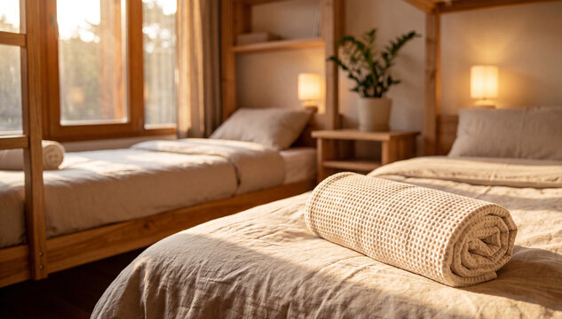 Clean folded towel on a hostel bed ready for guest arrival. Modern shared accommodation interior with bunk beds, hospitality service and traveler comfort concept.