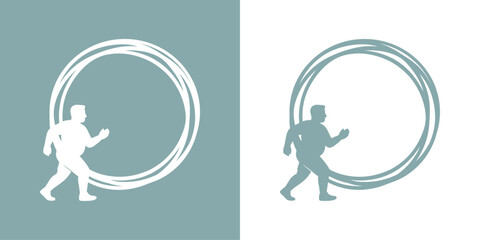Logo ejercicio físico. Marco circular con líneas con el dibujo sencillo de la silueta de un hombre con sobrepeso corriendo para perder peso © teracreonte