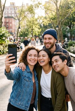 Friends Taking Candid Outdoor Selfie Together