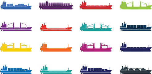 Obraz premium Collection of flat vector icons showing different types of cargo ships and freight vessels