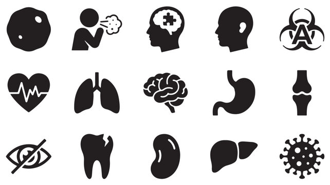Medical, Health, and Anatomy Icons, Black Vector Set, 15 Symbols