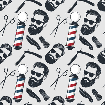 Barbershop seamless pattern with hipster face, barber pole, hairdressing scissors and razor. Vector illustration
