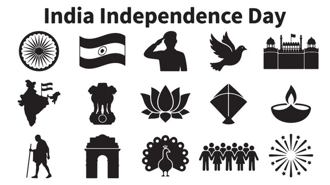 India Independence Day icons, patriotic symbols, black silhouettes, vector graphics, 15 icons