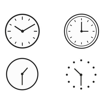 Set of wall clock line icons showing different times and styles