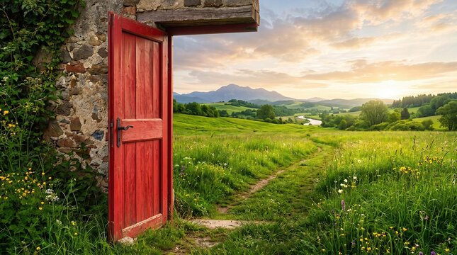 Open Red Door Leading to Green Meadow