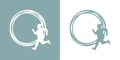 Logo ejercicio físico. Marco circular con líneas con el dibujo sencillo de la silueta de una mujer con sobrepeso corriendo para perder peso © teracreonte