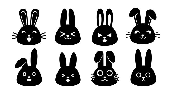 Black rabbit head icons with various cute facial expressions.