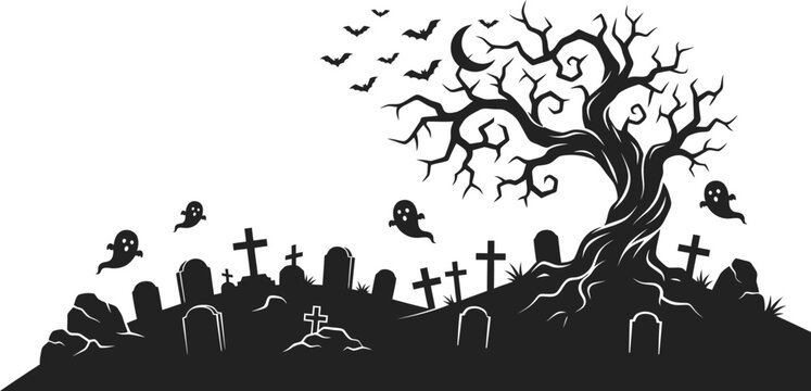 Black silhouette of a spooky graveyard with tree ghosts and bats on white background
