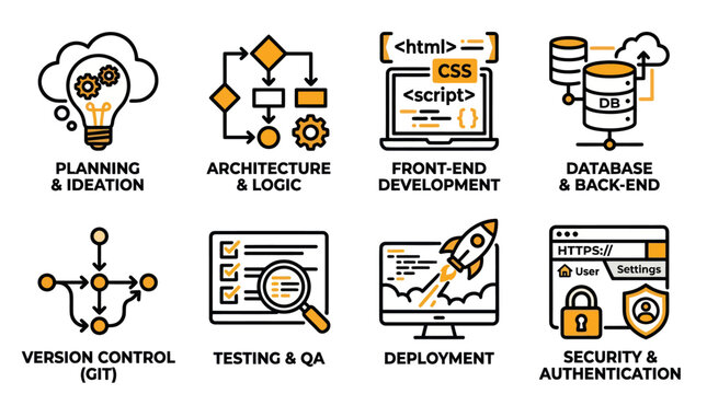 DevOps and software architecture development cycle icons.