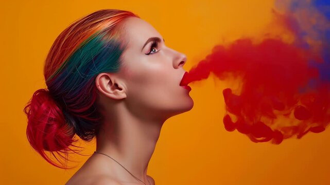 Female model with colorful hair exhales vibrant smoke in three distinct colors against a bright orange background, showcasing a continuous flow of colorful vapor
