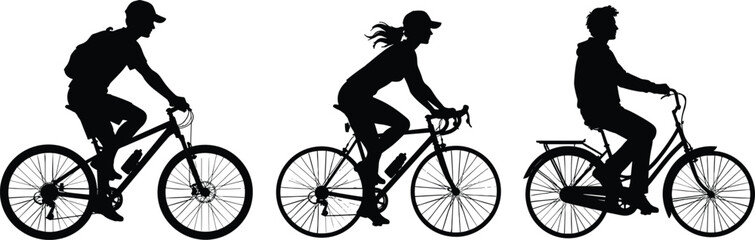 Fototapeta premium Cyclist Silhouette Set with Male and Female Bicycle Riders Isolated on White Background