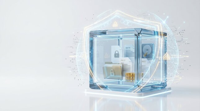 Secure data glass cube with documents and gold coins