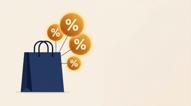 Shopping Bag With Glowing Percentage Discount Tags