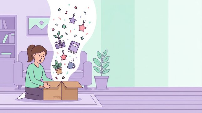 Surprised Woman Unboxing Parcel With Floating Items