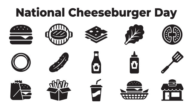 National Cheeseburger Day icons, black and white fast food symbols, restaurant illustrations, vector cheeseburger graphics