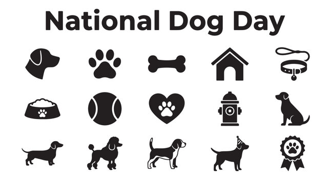National Dog Day icons, dog silhouettes, pet symbols, black vector graphics