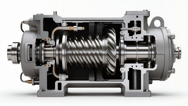Twin-screw compressor helical rotor pair integral motor sectioned, light background