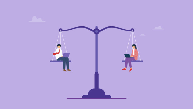 Businessman and businesswoman colleagues on balance equal scales. Gender equality, workplace fairness, justice or law, diversity corporate employee, comparison or balance scales, equilibrium concept.