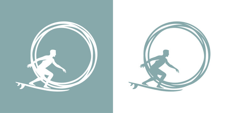 Vacaciones en la playa. Logo club de surf. Marco circular con l&iacute;neas con la silueta de un hombre de pie en una tabla de surf	