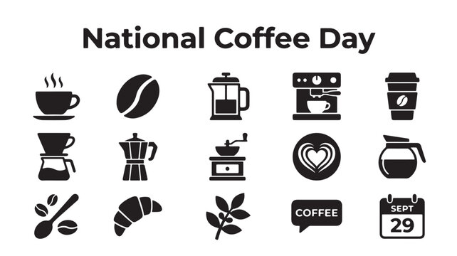 National Coffee Day, coffee icons, vector graphics, black and white, 15 icons