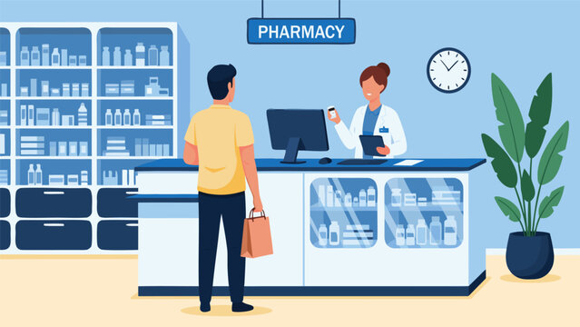 A man interacts with a female pharmacist at a pharmacy counter indoors.