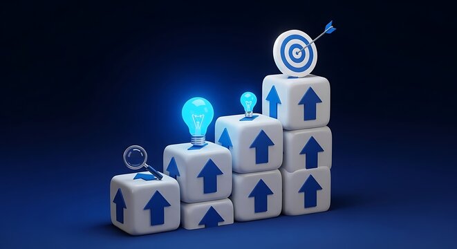 3D Isometric Robot Characters Stacked on Blocks with Glowing Blue Light in Dark Space