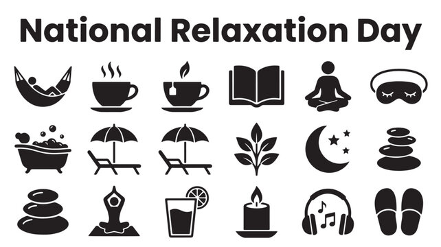 National Relaxation Day, relaxation icons, wellness symbols, vector graphics, black icons