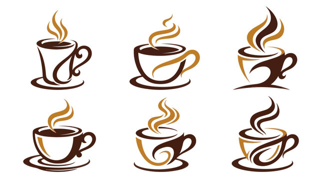 Set of six elegant coffee logo designs with steam.