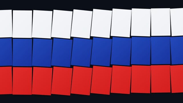 Abstract 3D rendering of the Russian flag background, composed of many small, slightly tilted geometric tiles, symbolizing national pride and modern design.