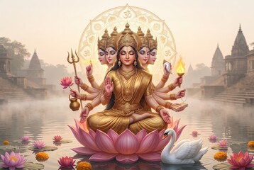 Fototapeta premium Gayatri Mata Sacred River – Serene Dawn Lotus Blessing