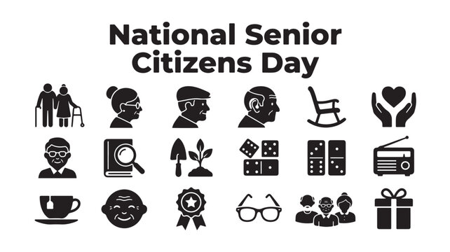 National Senior Citizens Day icons, senior citizen symbols, elderly care signs, 18 black vector graphics