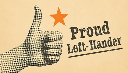 Vintage style poster with thumbs up hand and orange star celebrating pride of being left handed now.