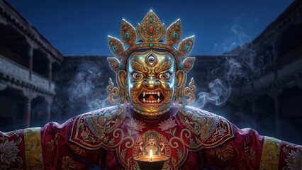 Fototapeta premium Golden Ceremonial Mask Night Festival Illustration