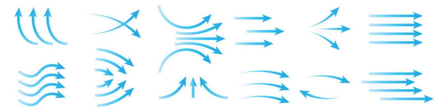 Airflow icon set with blue wind direction. Vector illustration of realistic air conditioner stream flat symbol, colorful hvac cooling ventilation climate wave template on white background.