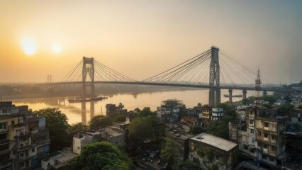Obraz premium Panoramic sunrise over a city and river with a bridge