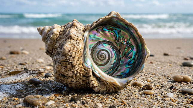 A large conch shell lies on the beach with ocean waves behind it