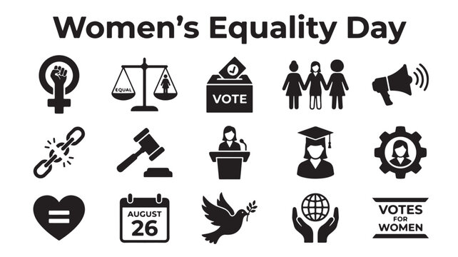Women's Equality Day icons, feminist symbols, equality vector set, 15 social justice illustrations