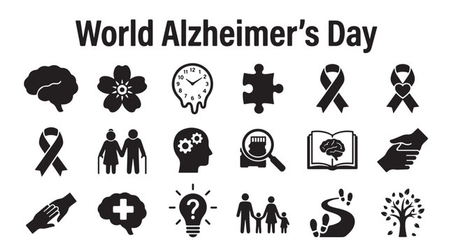 World Alzheimer's Day icons, dementia awareness symbols, Alzheimer's awareness, healthcare vector graphics