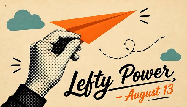 Lefty power poster for august 13 featuring left hand holding orange paper airplane in vintage style.