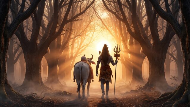 Lord Shiva Walking with Nandi Through a Mystical Forest at Dawn