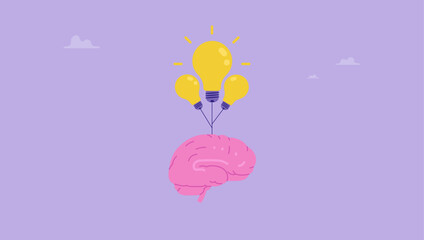 Smart human brain fly with lightbulb idea balloons. Brain power, idea or creativity to help success, intelligence knowledge or wisdom, innovation or imagination for thinking to develop idea concept. © yedsgn