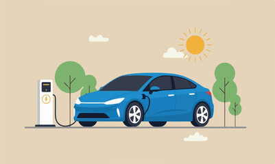 EV, Electric clean friendly or hi technology using reusable solar power to fuel battery car concept, Electric car with power cable and electric plug with nature tree and sun © Mst Amina
